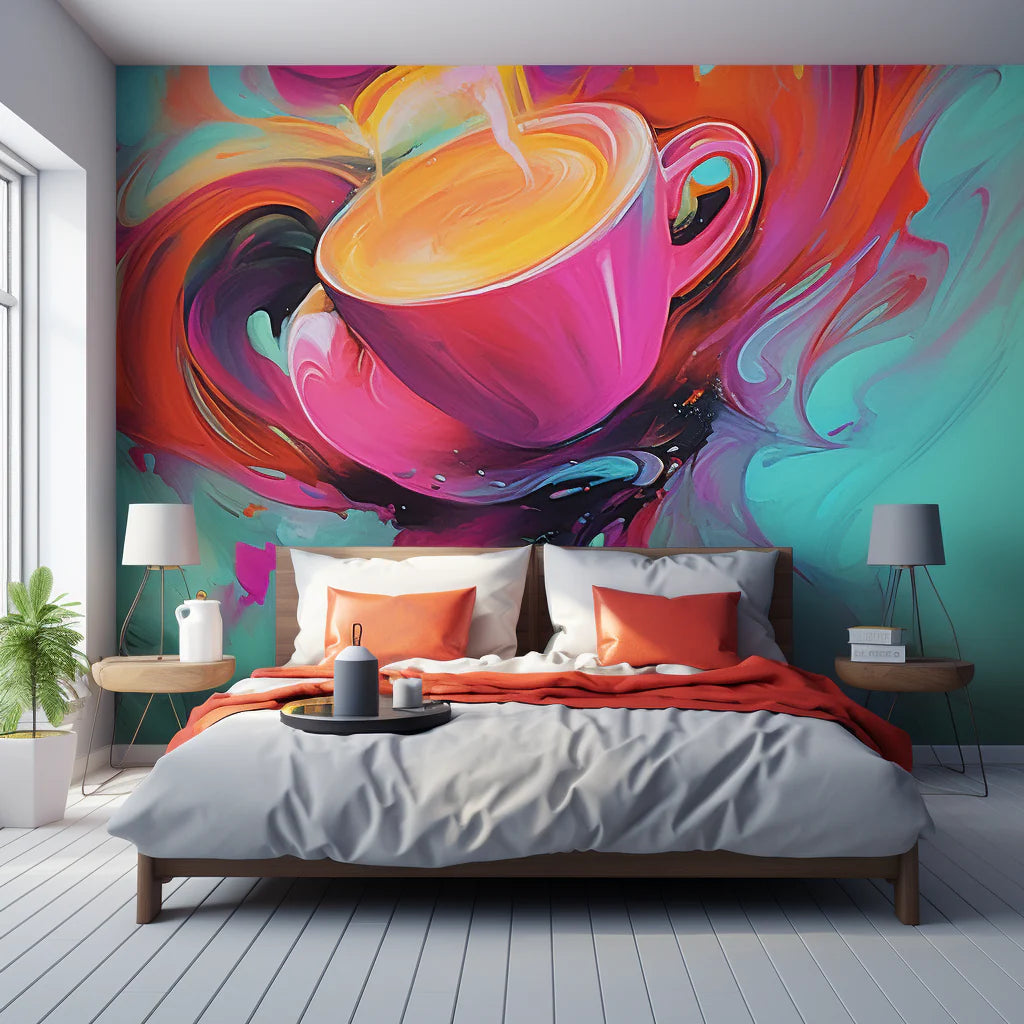 A modern bedroom with a striking wall mural of a colorful coffee cup, illustrating the artistic and passionate essence of Efficano coffee