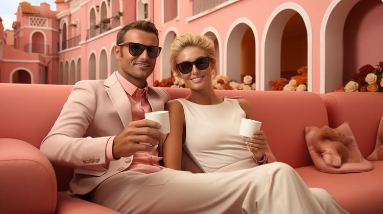Sophisticated couple enjoying Efficano's Probiotic Coffee in a stylish café setting