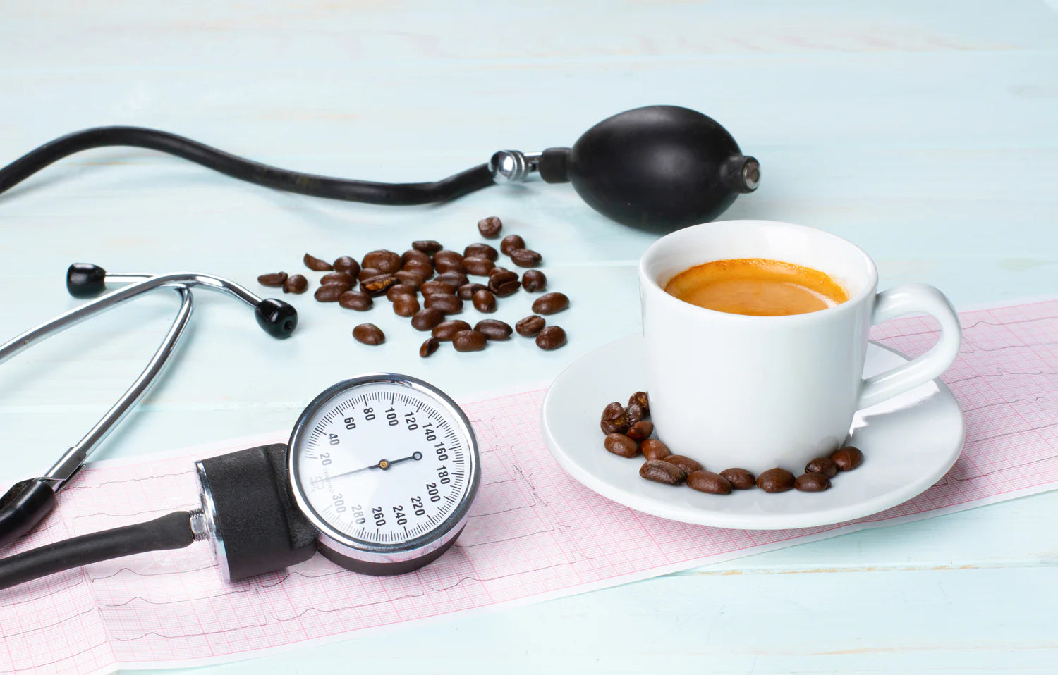 Cup of Efficano's Fitness Coffee alongside medical equipment, symbolizing the health benefits and vitality boost of the blend