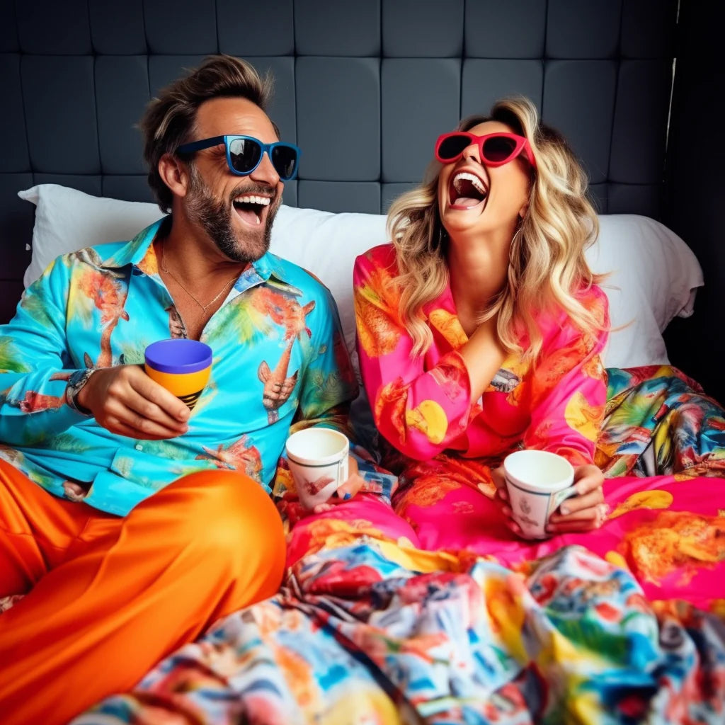 Joyful couple sharing a laugh in bed with Efficano's Libido Coffee, embodying the product's vibrant and intimate spirit