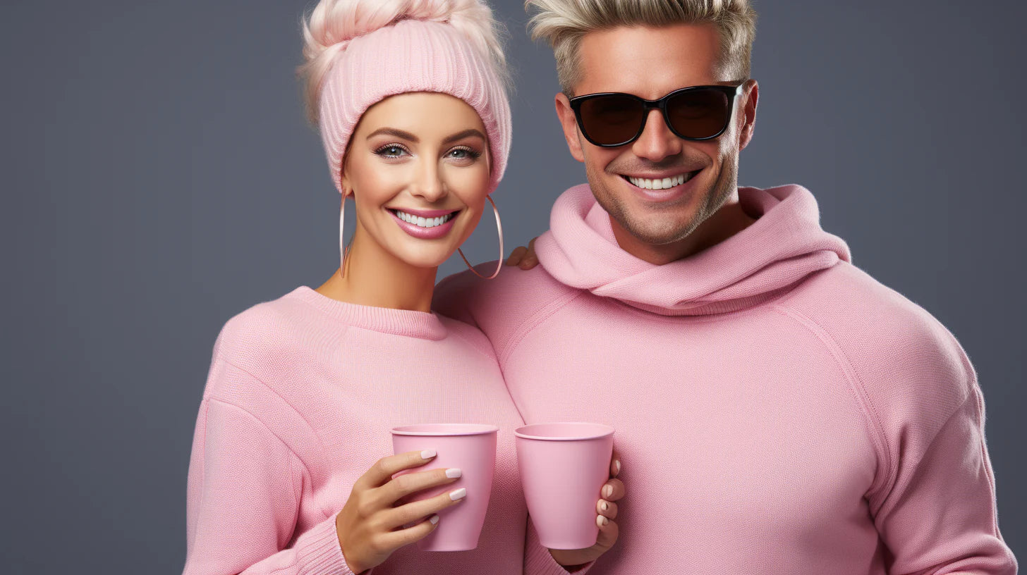 Chic couple relaxing with Efficano's Probiotic Coffee in a modern, pink-themed lounge
