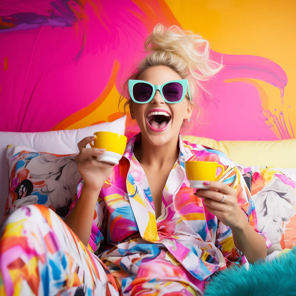 Exuberant woman in colorful pajamas enjoying her morning cup of Efficano's Libido Coffee, radiating energy and joy